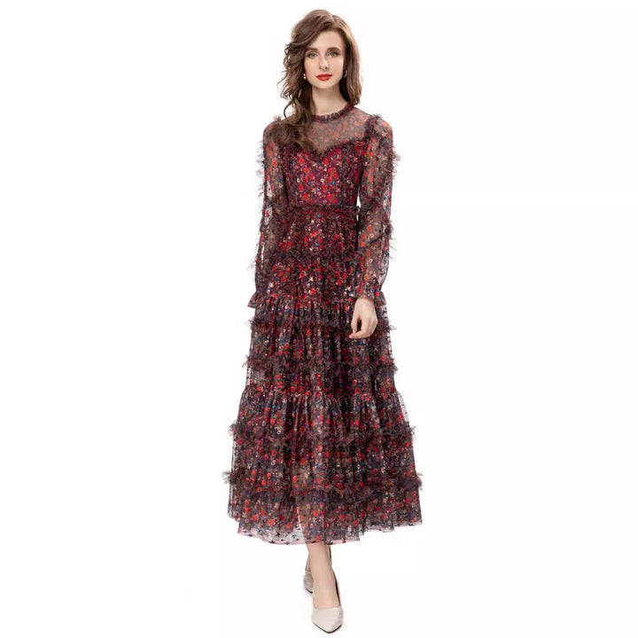 floral mesh tiered gown with sheer sleeves – VIVIENNE