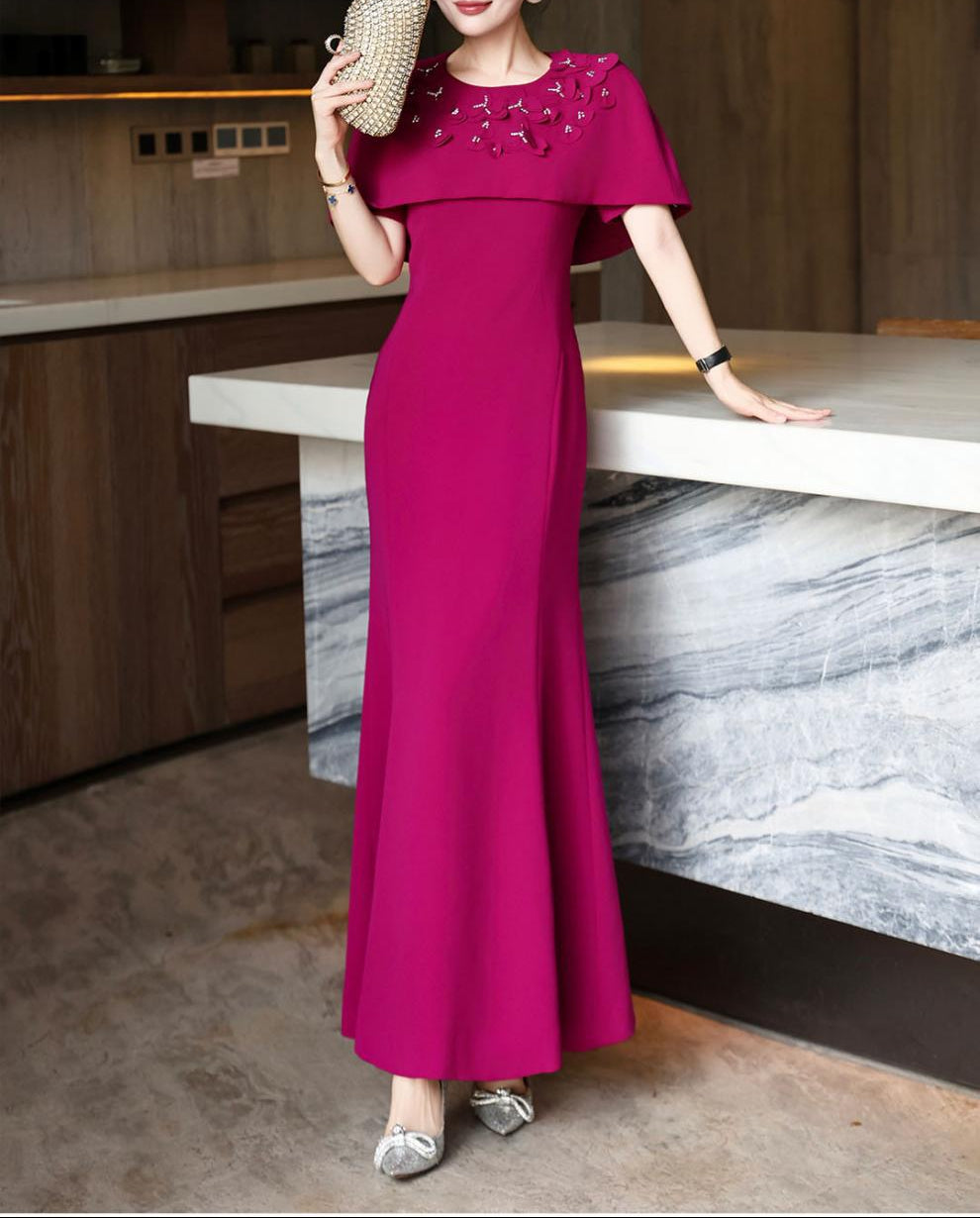 cape-shoulder mermaid dress with embellished neckline – FUCHSIA