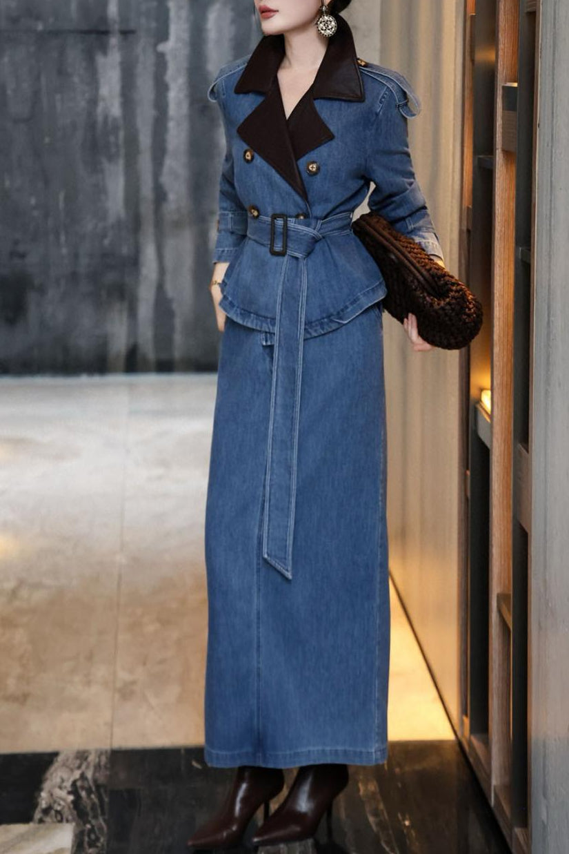 denim trench dress with contrast lapel & waist belt – RIVERA