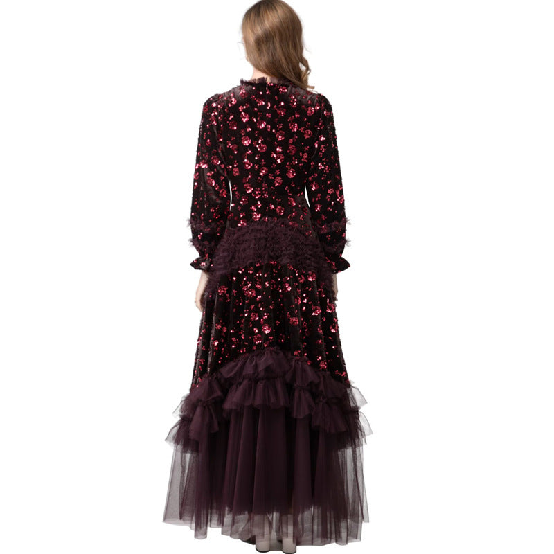 velvet sequin gown with layered tulle hem – MARCELLINA
