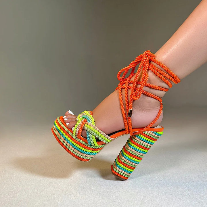 multicolor rope platform heels with ankle tie – RIVIERA