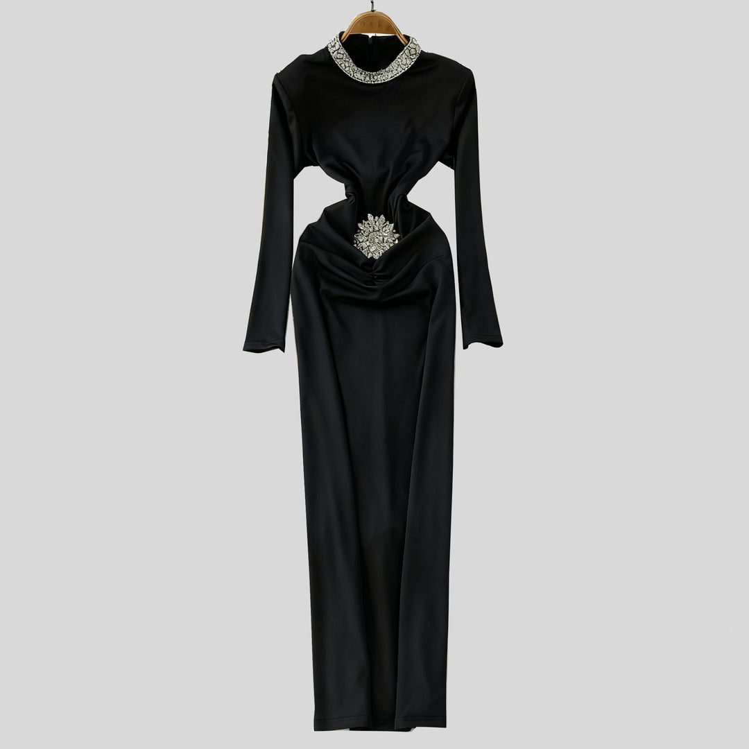 long-sleeve embellished draped midi dress – AURELIA