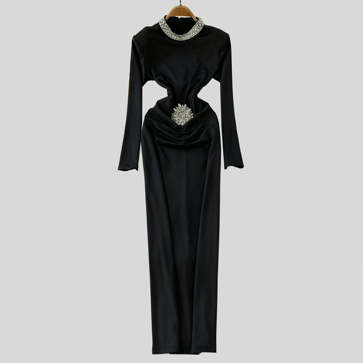 long-sleeve embellished draped midi dress – AURELIA