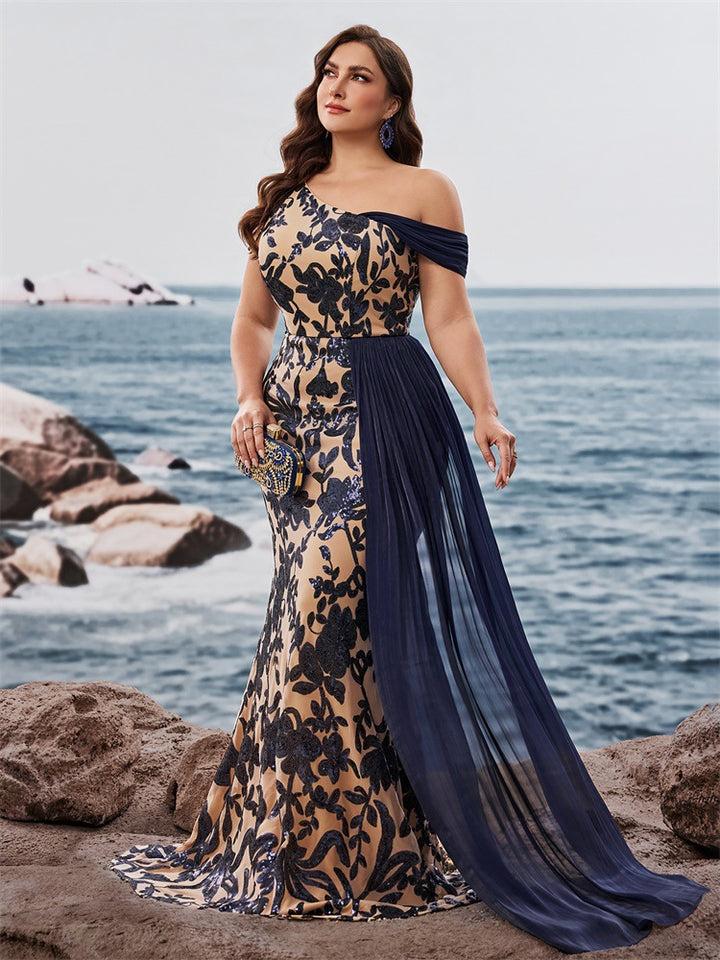 one-shoulder floral gown with draped chiffon cape – DALIRA