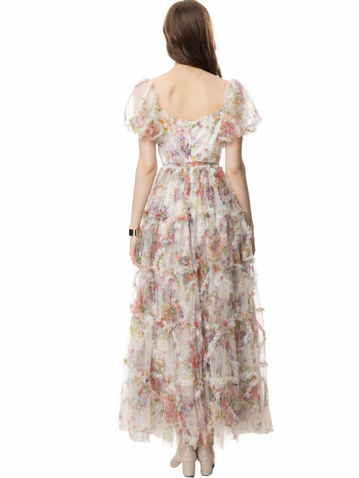 puff sleeve tiered tulle gown with floral appliqué - AUROZRA