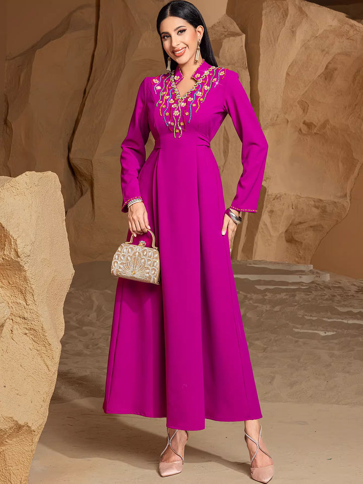 Embroidered V-Neck Maxi Dress with Long Sleeves – AMARIS