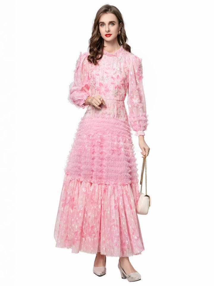 ruffled tulle gown with floral appliqué – ROSABELLA