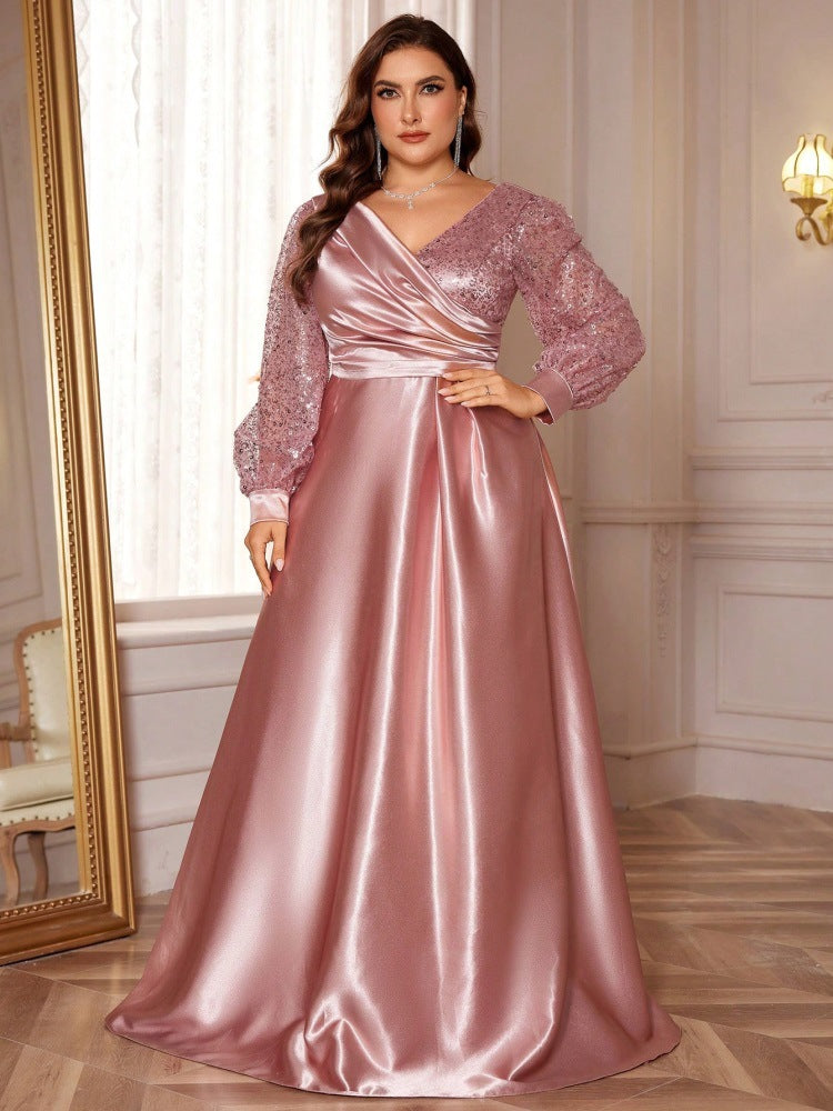 satin evening gown with sequin balloon sleeves – MIDNIGHT