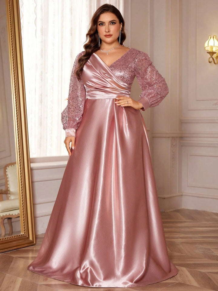 satin evening gown with sequin balloon sleeves – MIDNIGHT