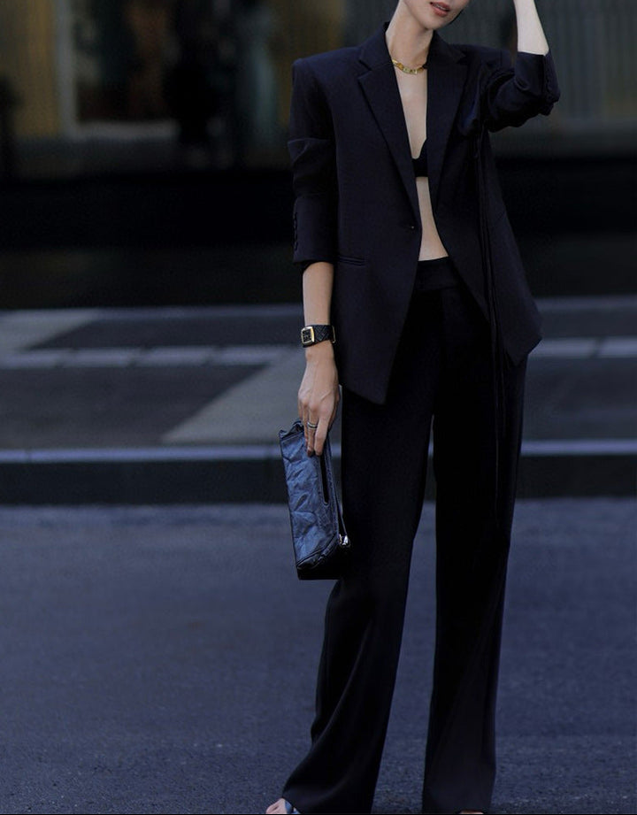 draped satin-detail blazer with wide-leg trousers – LUMIERA