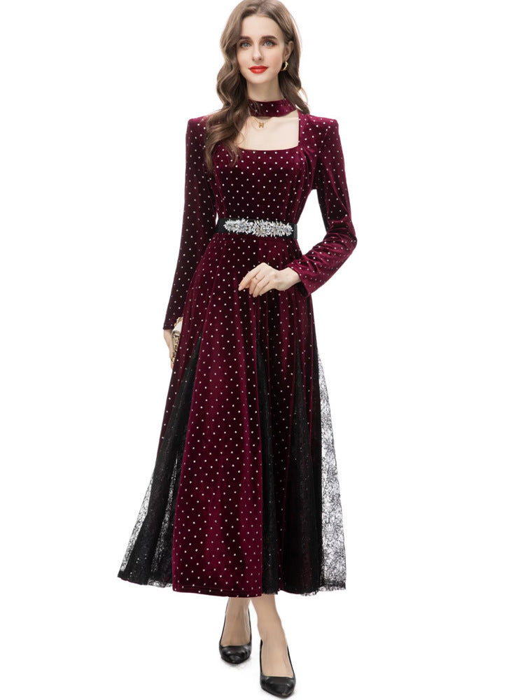 velvet polka dot gown with choker neckline and embellished belt – STELLAR