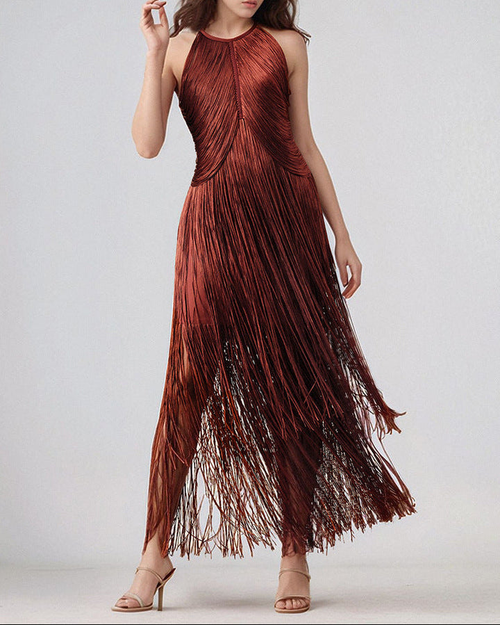 metallic halter fringe gown – SIENNA
