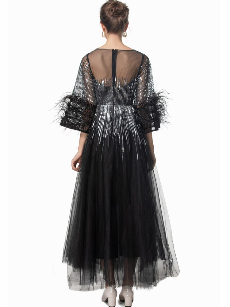 sequin tulle gown with feathered sleeves - CELESVE