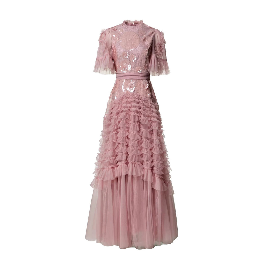 فستان من التول مطرز بالترتر مع تنورة بكشكشة متعددة الطبقات – سيليست