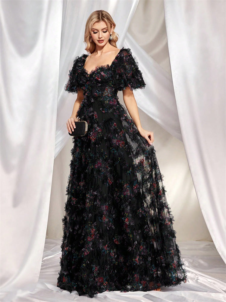 off-shoulder floral tulle gown with puff sleeves – NIGHT