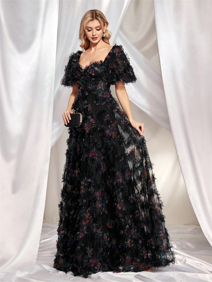 off-shoulder floral tulle gown with puff sleeves – NIGHT