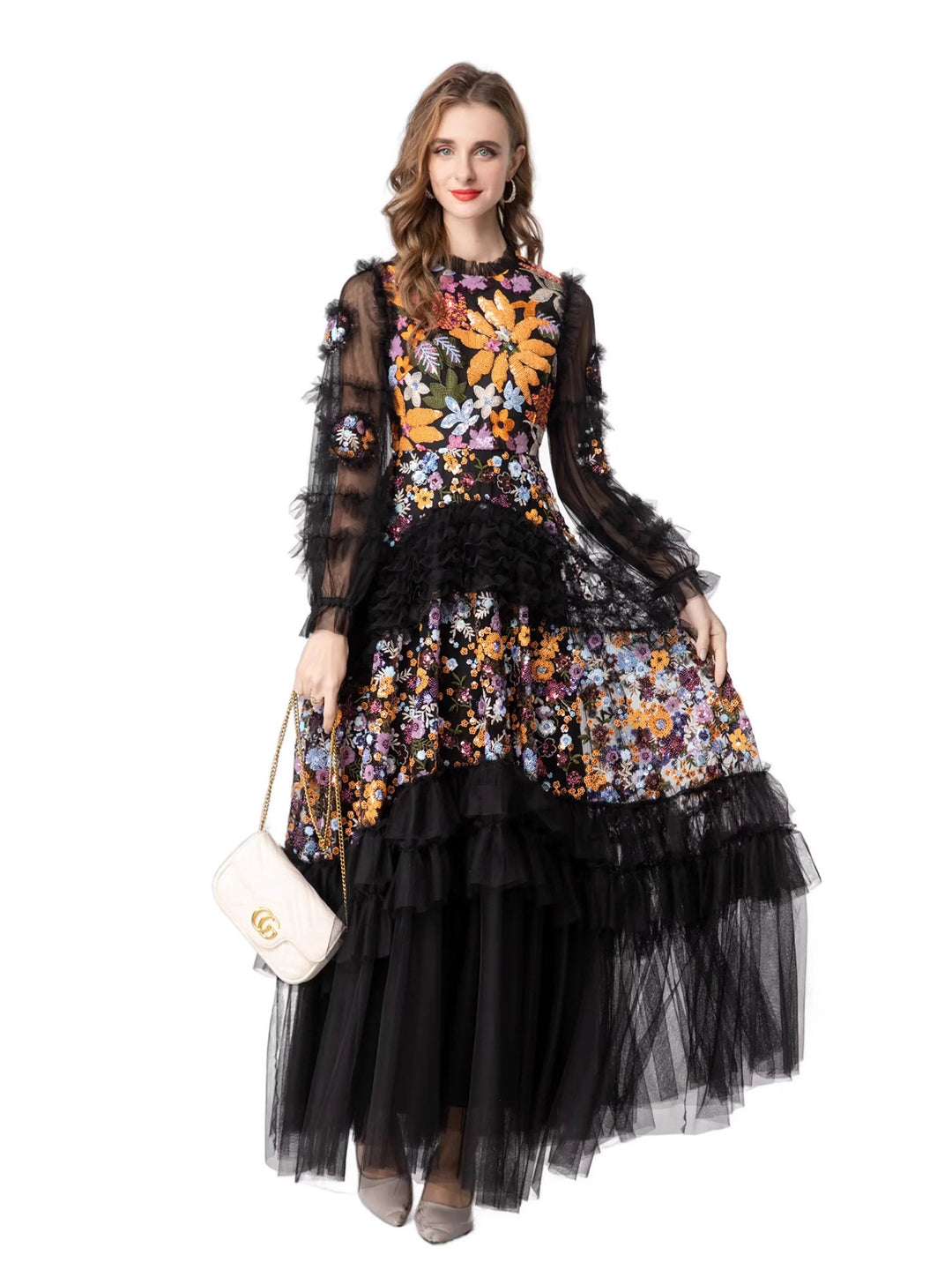 floral embroidered gown with tiered tulle skirt – LAVINIA