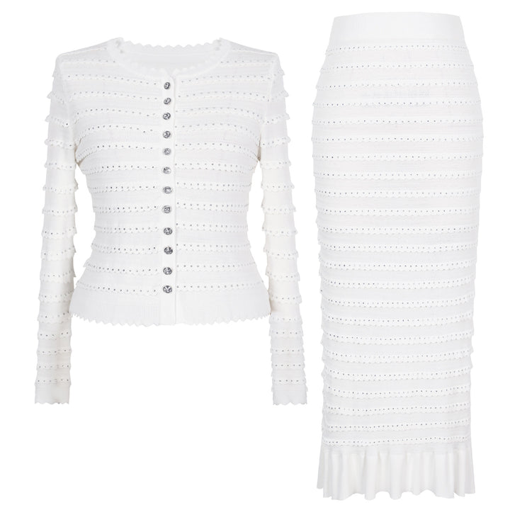 褶皱喇叭袖上衣和高腰裙套装，配腰带 – Rosiny 