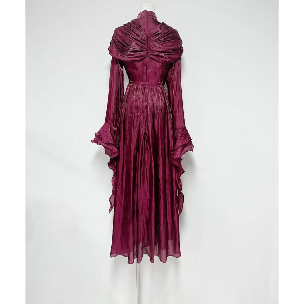 draped satin midi dress with ruffled sleeves – ROSALINE