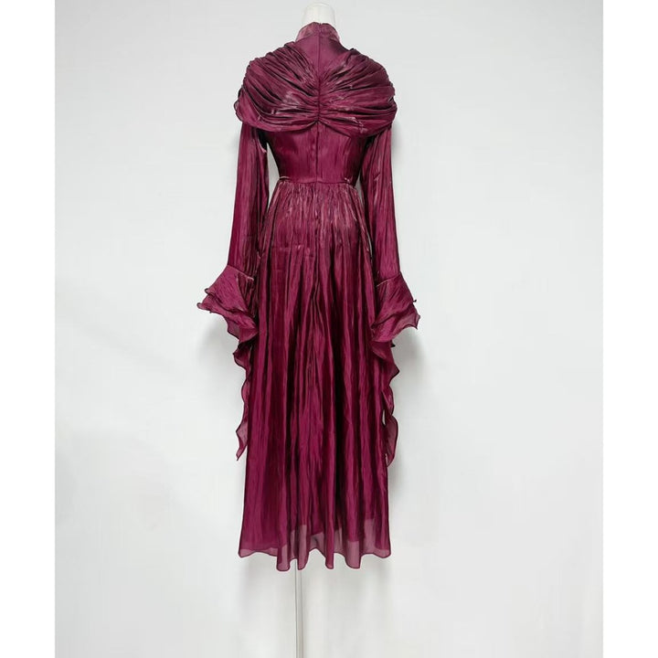 draped satin midi dress with ruffled sleeves – ROSALINE