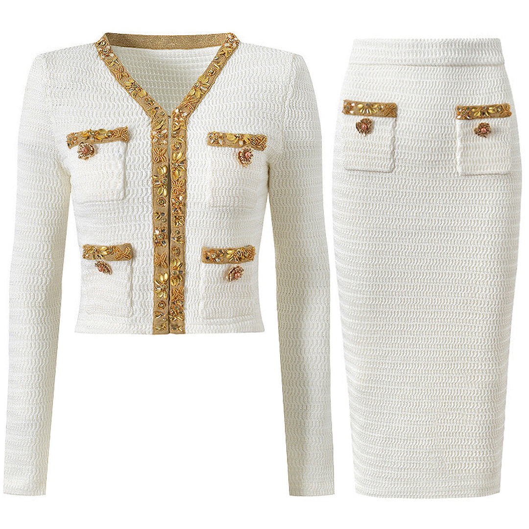 two-piece knit set with gold embroidered trim – DAPHNEDU