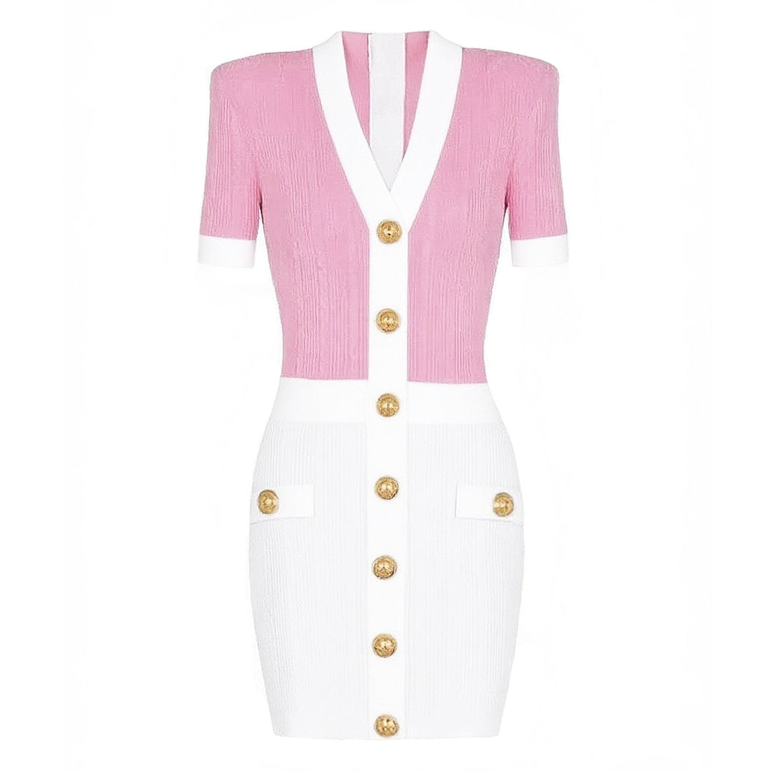 short-sleeve contrast trim dress with gold buttons – CELINERDI