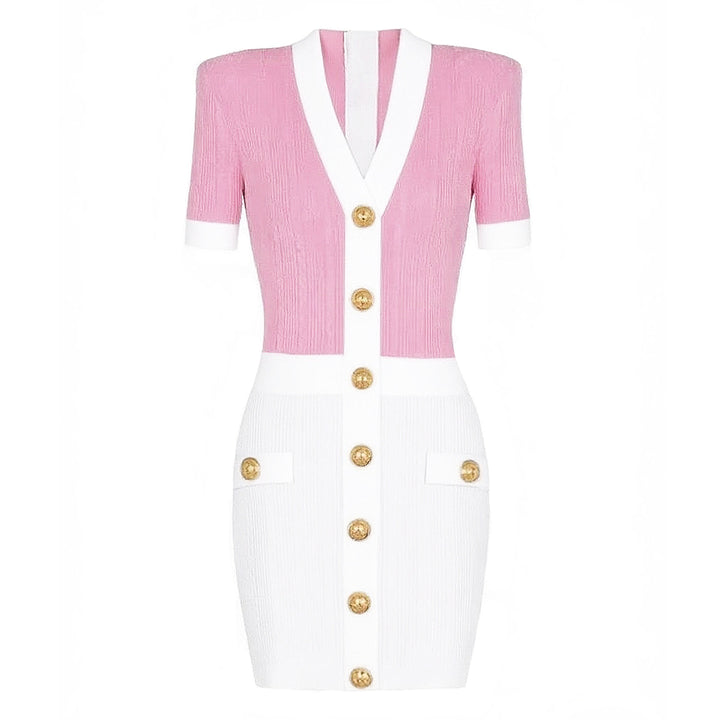 short-sleeve contrast trim dress with gold buttons – CELINERDI