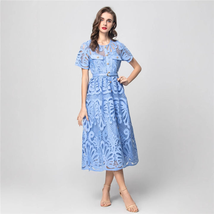 short-sleeve lace midi dress with belt – SERENA