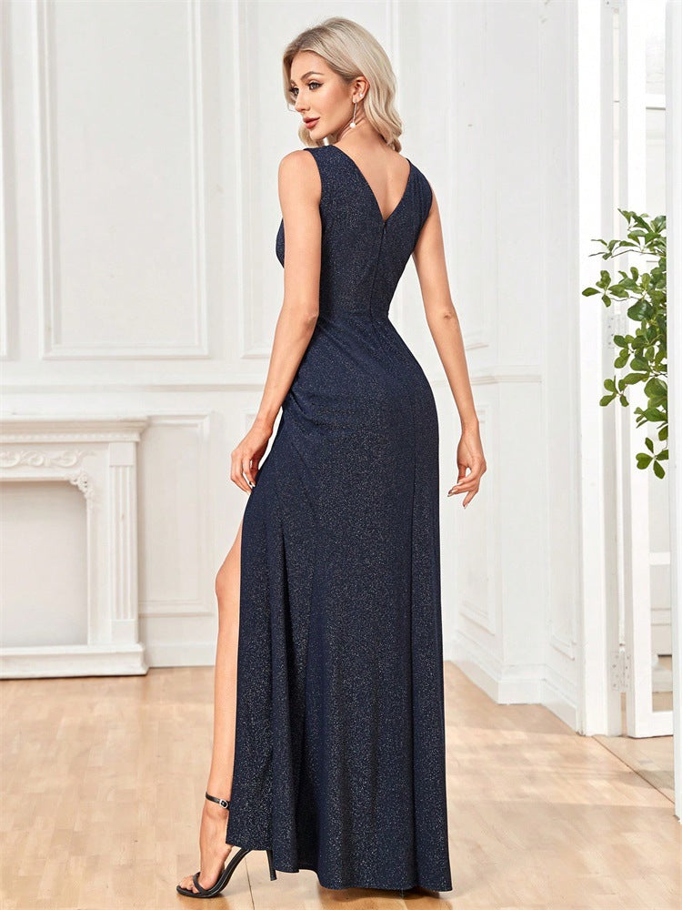 sleeveless draped gown with front slit – MIDNIGHT