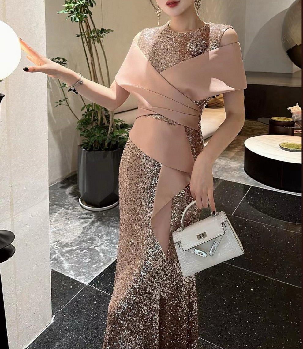 sequin mermaid dress with satin cross-wrap bodice – VIOLETTA