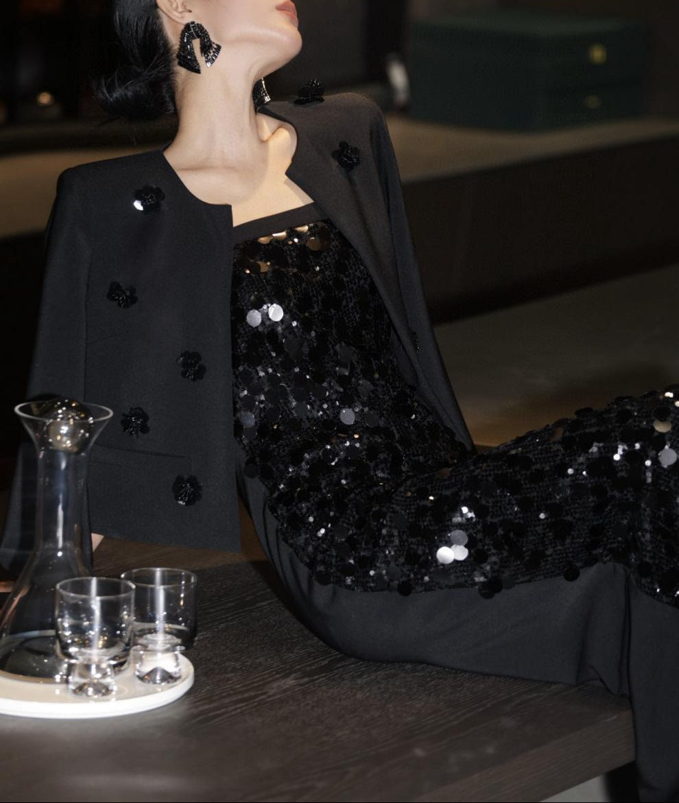 sleeveless sequin column dress with embellished cropped blazer – AURORA