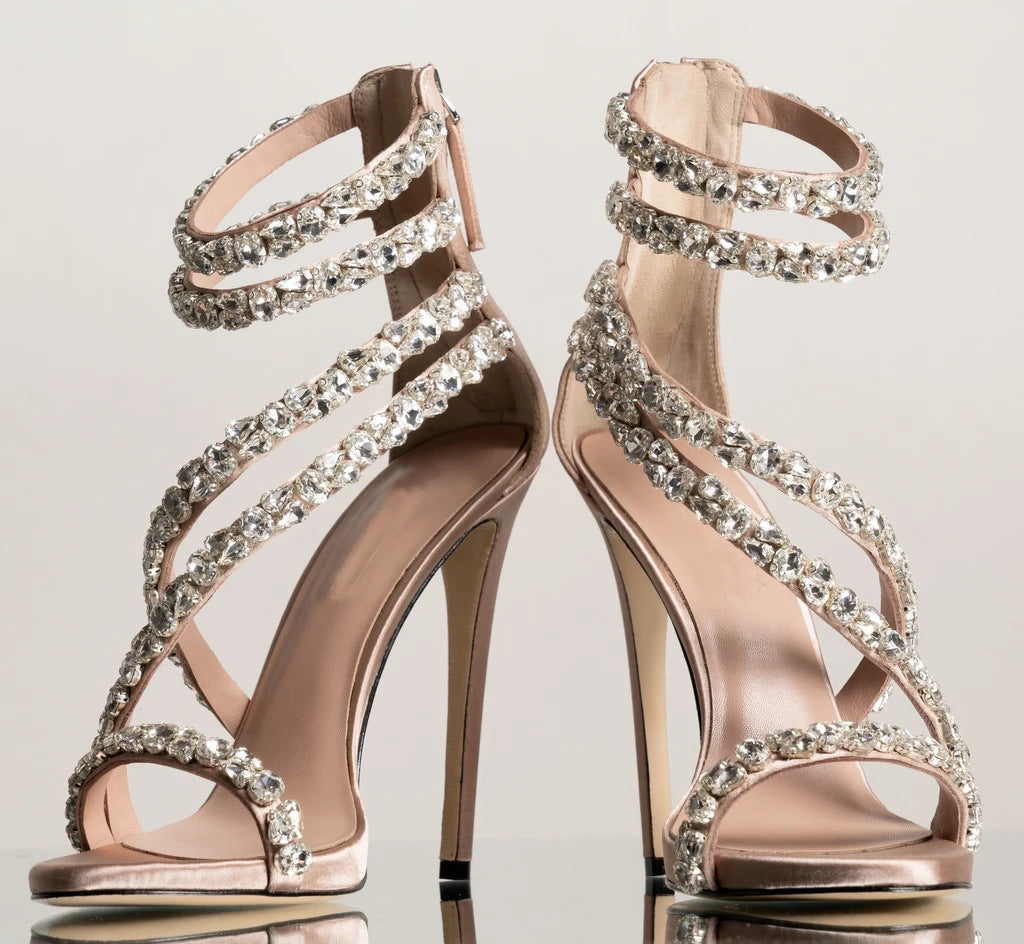 crystal-embellished spiral strap stiletto heels – SERAPHINA