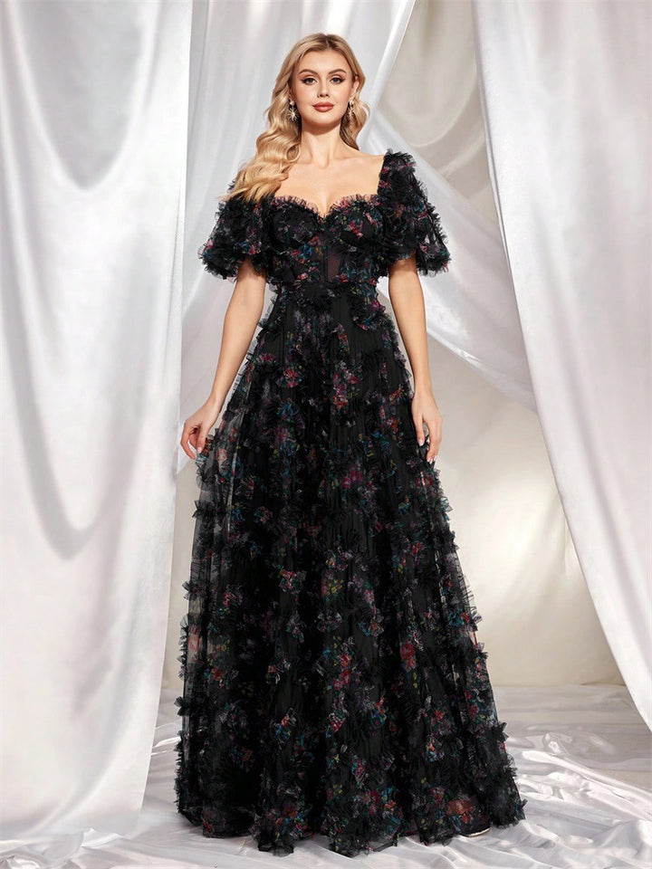 off-shoulder floral tulle gown with puff sleeves – NIGHT