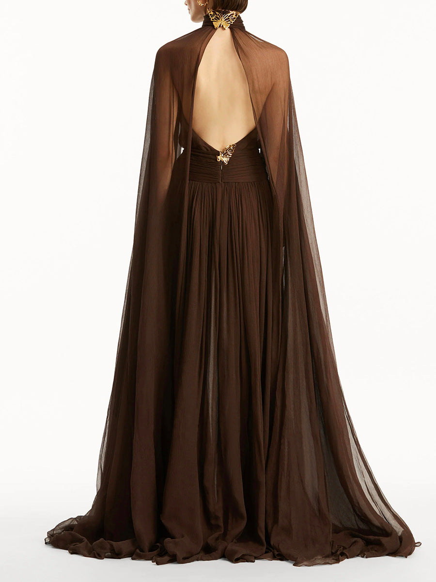 high-neck gown with sheer cape overlay – NOIRIPU