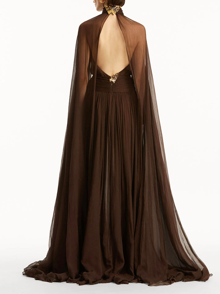 high-neck gown with sheer cape overlay – NOIRIPU