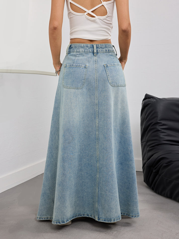 denim maxi skirt with front flap pockets – SIENNA
