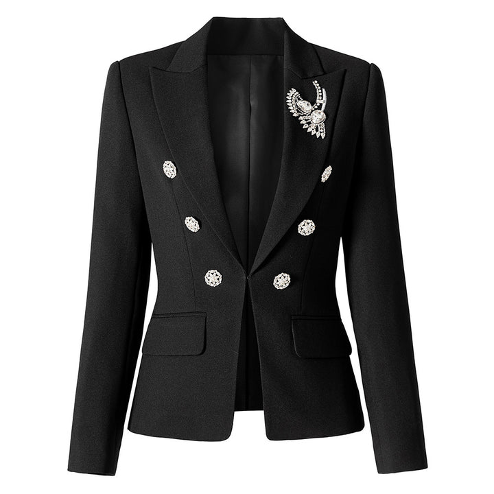 Embellished double-breasted blazer with crystal brooch – JEWEL