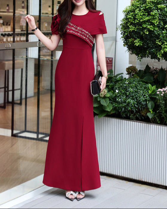 asymmetric embellished shoulder gown – AMARA