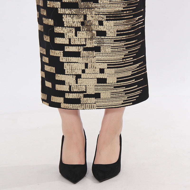طقم بليزر وتنورة ضيقة من قماش الجاكار المصمم خصيصًا بنقشة هندسية معدنية - أورورا