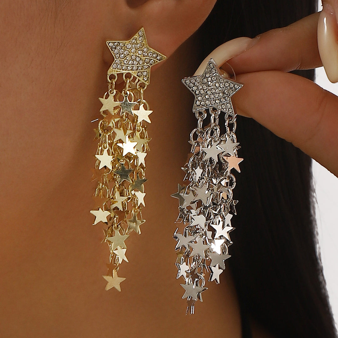 cascading star drop earrings with rhinestone studs - NOVAZILU