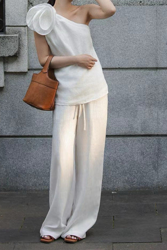 one-shoulder draped top with wide-leg linen trousers – IVORY