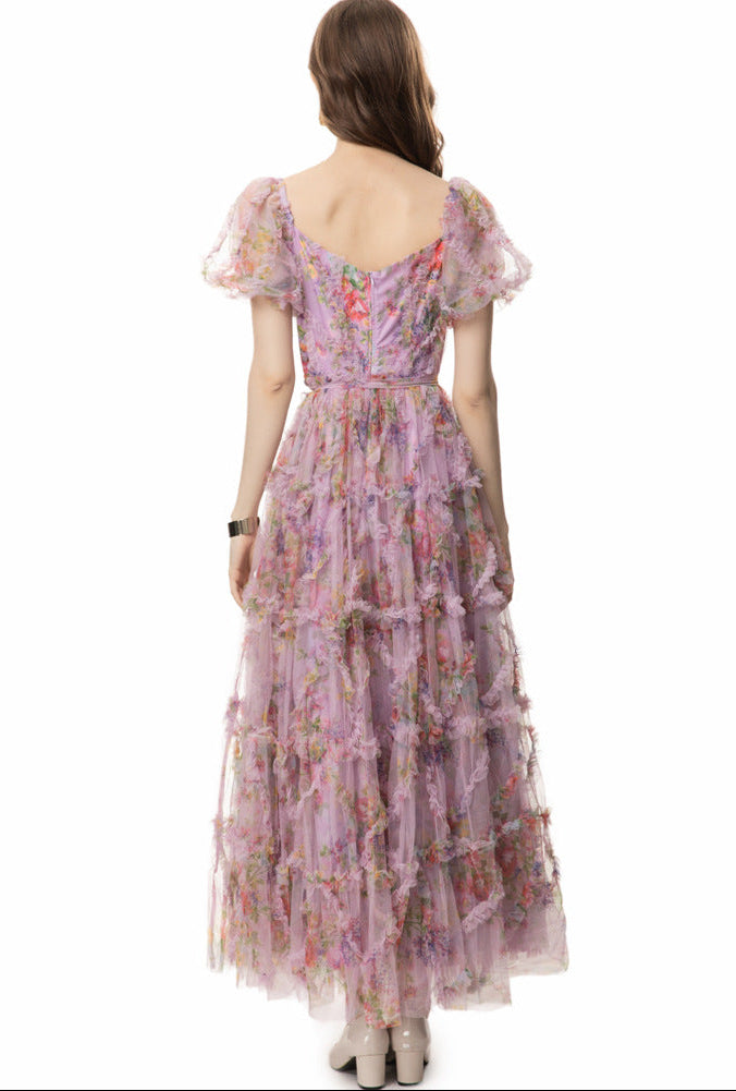 puff sleeve tiered tulle gown with floral appliqué - AUROZRA