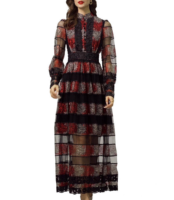 sheer lace-panel maxi dress with embroidered stripes – VIVIANA