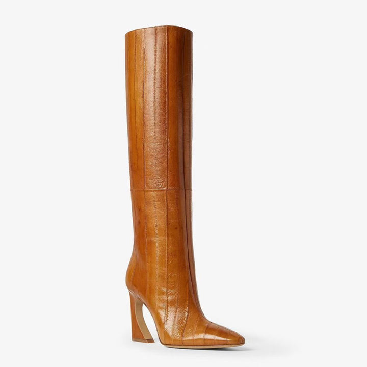caramel knee-high leather boots with curved heel – SIENNA