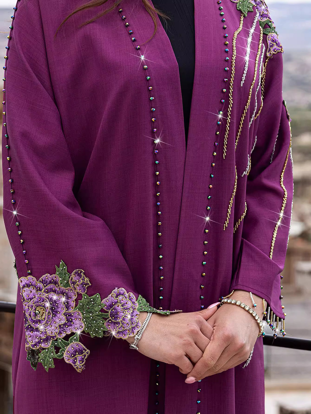 embellished open dress with floral embroidery - DALIMKA