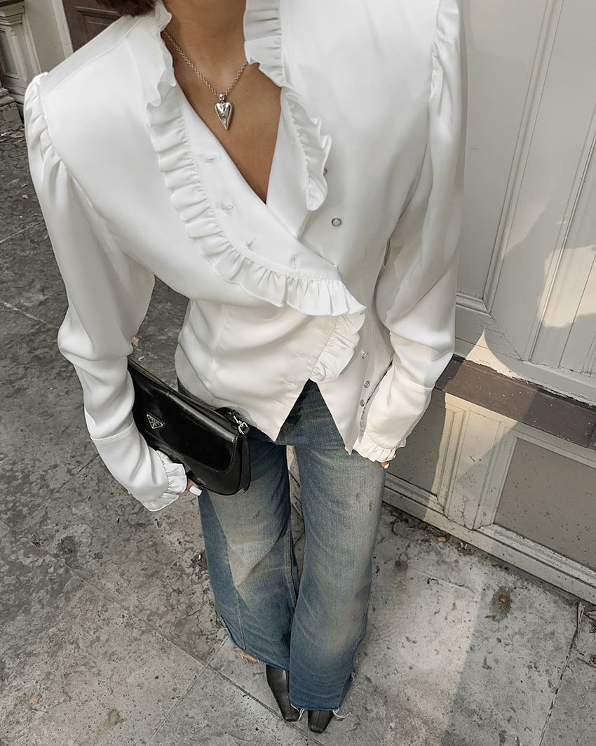 asymmetrical ruffle-front satin blouse – REGALIA