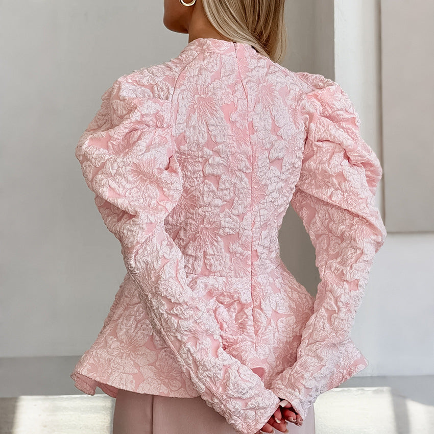 textured peplum blouse with sculpted puff sleeves – OPHELIA