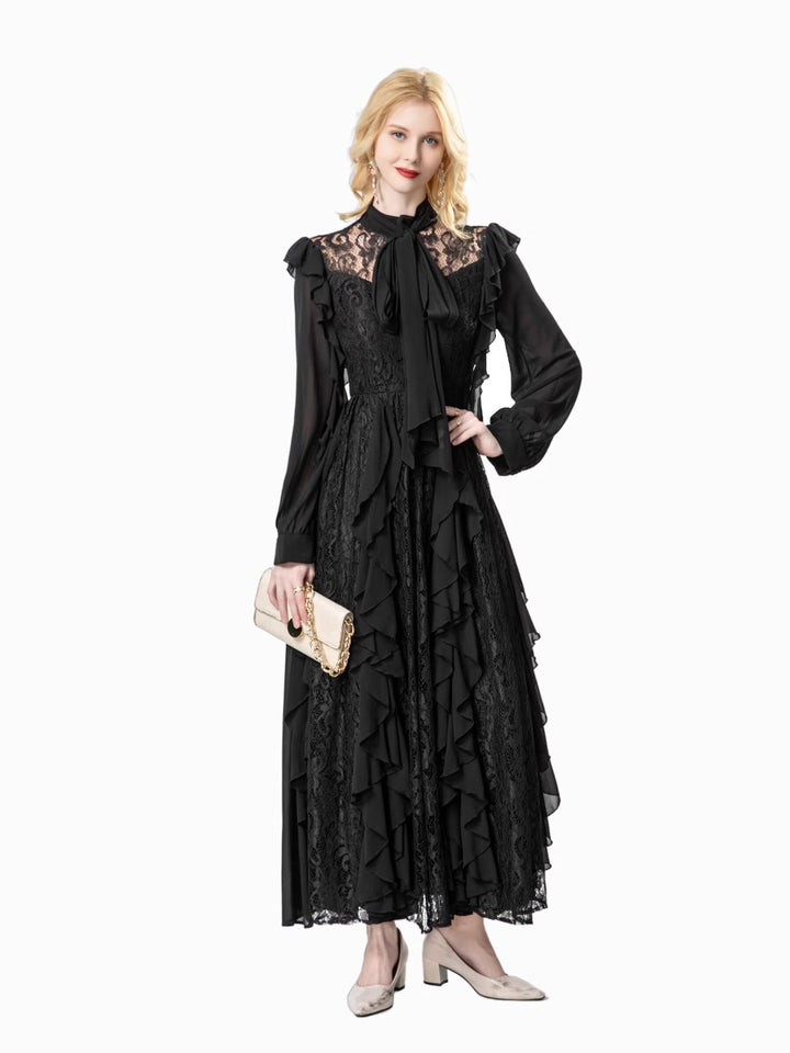 long-sleeve lace gown with cascading ruffle panels – VERONA