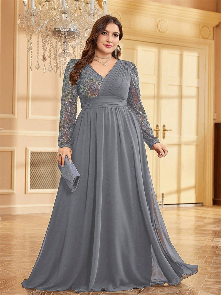 chiffon evening gown with sequin long sleeves – ADELIA