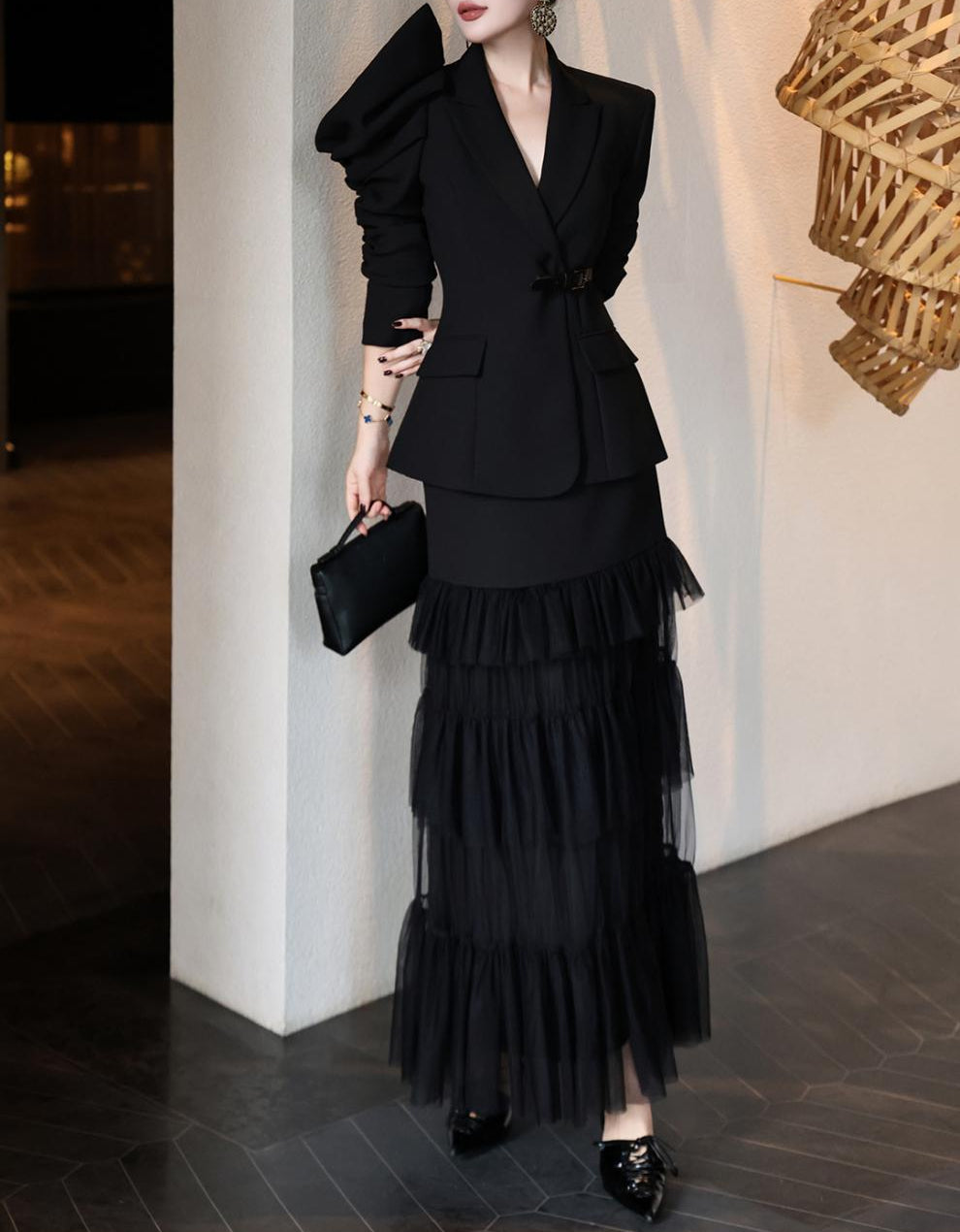 structured ruffle-sleeve blazer set with tiered tulle skirt – AMARANTH